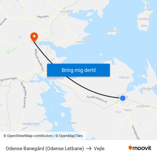 Odense Banegård (Odense Letbane) to Vejle map