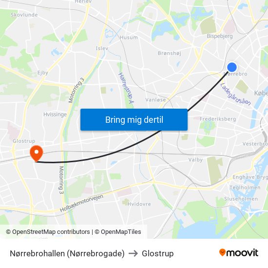 Nørrebrohallen (Nørrebrogade) to Glostrup map