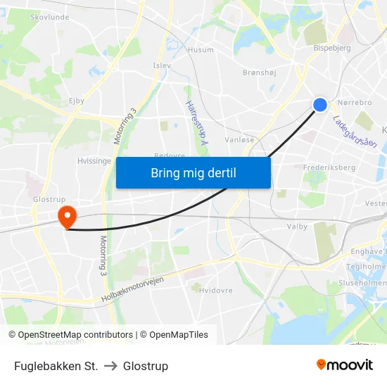 Fuglebakken St. to Glostrup map