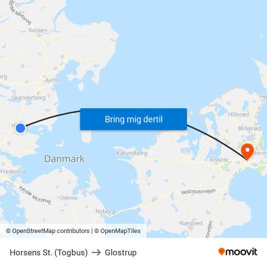 Horsens St. (Togbus) to Glostrup map