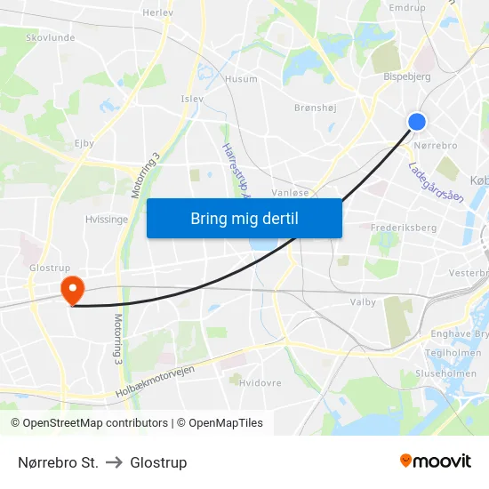 Nørrebro St. to Glostrup map