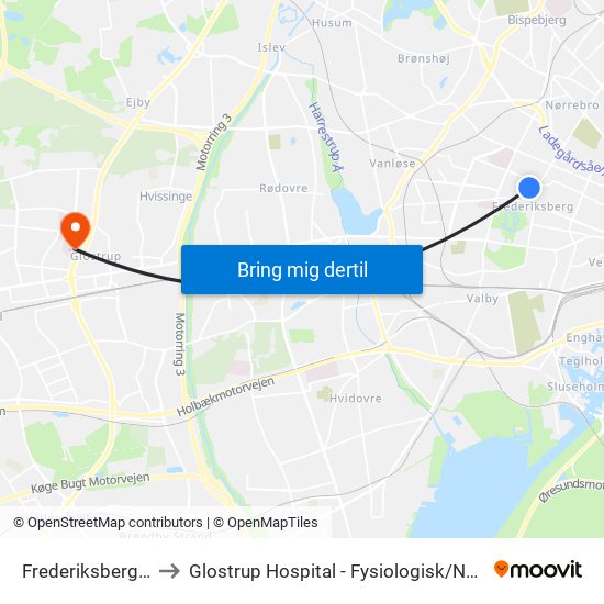 Frederiksberg St. (Metro) to Glostrup Hospital - Fysiologisk / Nuklearmedicinsk Afdeling map