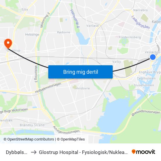 Dybbølsbro St. to Glostrup Hospital - Fysiologisk / Nuklearmedicinsk Afdeling map