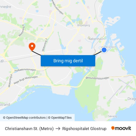 Christianshavn St. (Metro) to Rigshospitalet Glostrup map