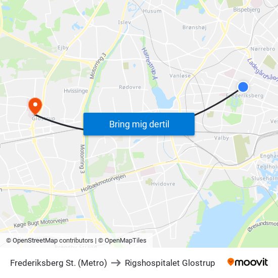Frederiksberg St. (Metro) to Rigshospitalet Glostrup map