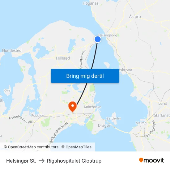 Helsingør St. to Rigshospitalet Glostrup map