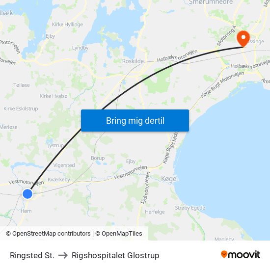 Ringsted St. to Rigshospitalet Glostrup map