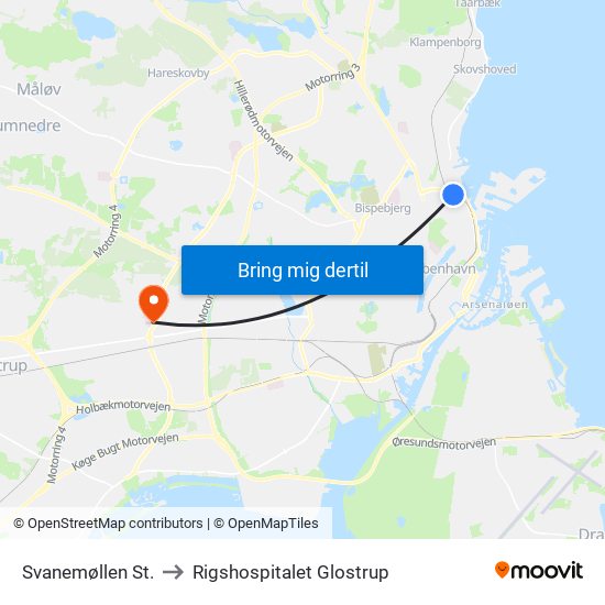 Svanemøllen St. to Rigshospitalet Glostrup map