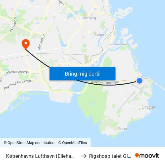 Københavns Lufthavn (Ellehammersvej) to Rigshospitalet Glostrup map