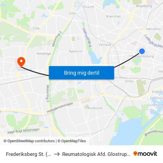Frederiksberg St. (Metro) to Reumatologisk Afd. Glostrup Hospital map