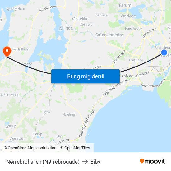 Nørrebrohallen (Nørrebrogade) to Ejby map