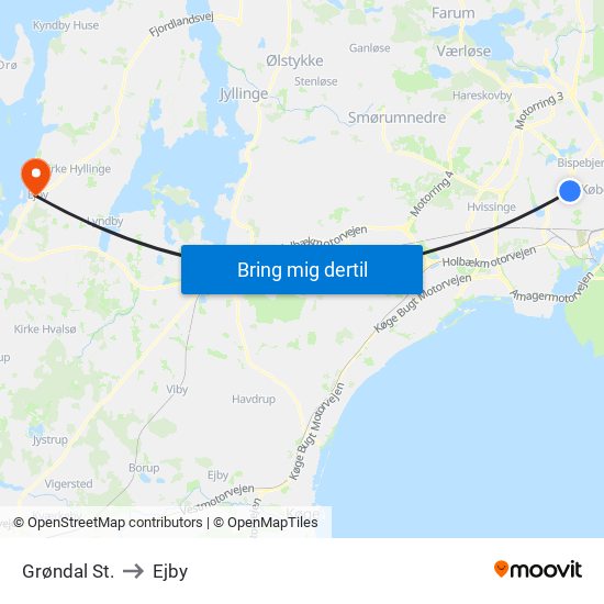 Grøndal St. to Ejby map
