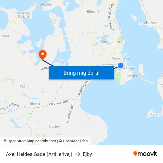 Axel Heides Gade (Artillerivej) to Ejby map