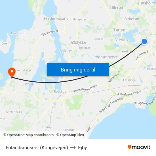 Frilandsmuseet (Kongevejen) to Ejby map