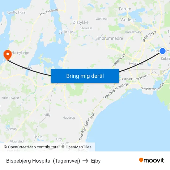 Bispebjerg Hospital (Tagensvej) to Ejby map