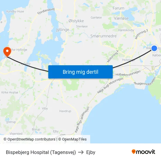 Bispebjerg Hospital (Tagensvej) to Ejby map
