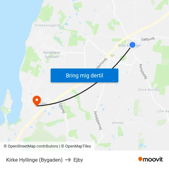 Kirke Hyllinge (Bygaden) to Ejby map