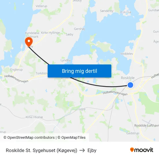 Roskilde St. Sygehuset (Køgevej) to Ejby map