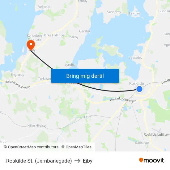 Roskilde St. (Jernbanegade) to Ejby map