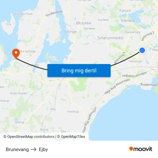 Brunevang to Ejby map