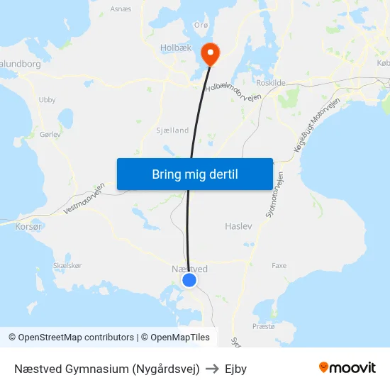 Næstved Gymnasium (Nygårdsvej) to Ejby map