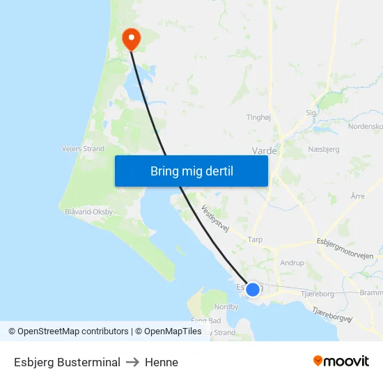 Esbjerg Busterminal (Bybus) to Henne map