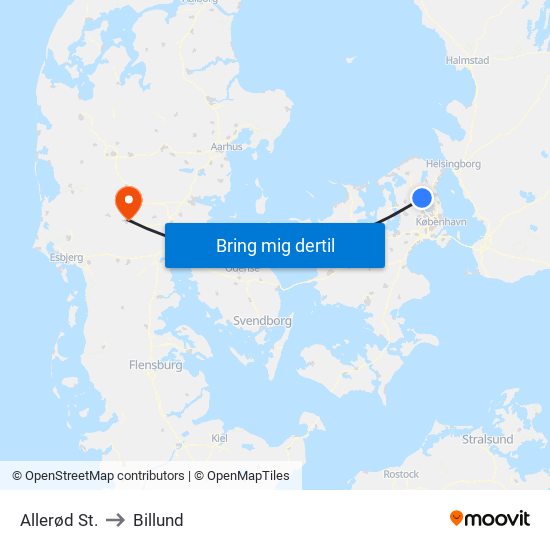 Allerød St. to Billund map