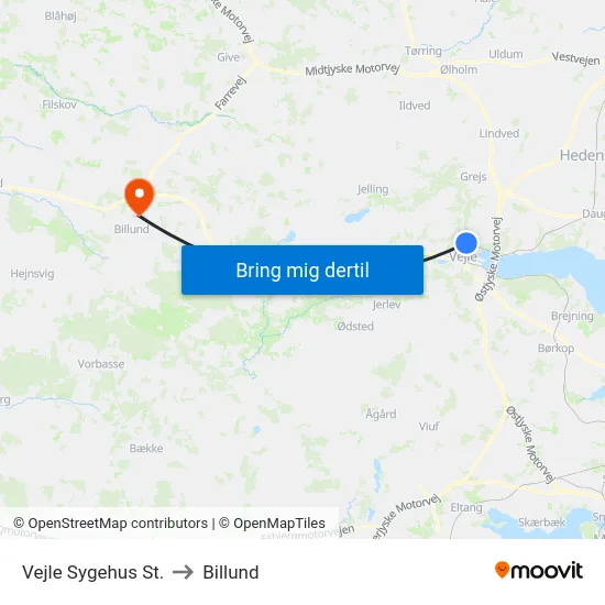 Vejle Sygehus St. to Billund map