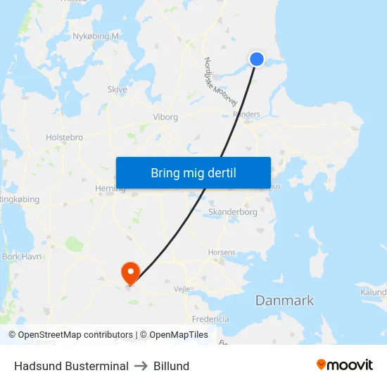 Hadsund Busterminal to Billund map