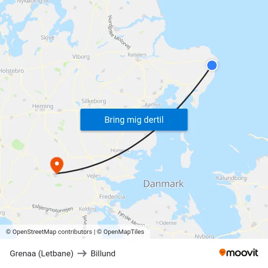 Grenaa (Letbane) to Billund map