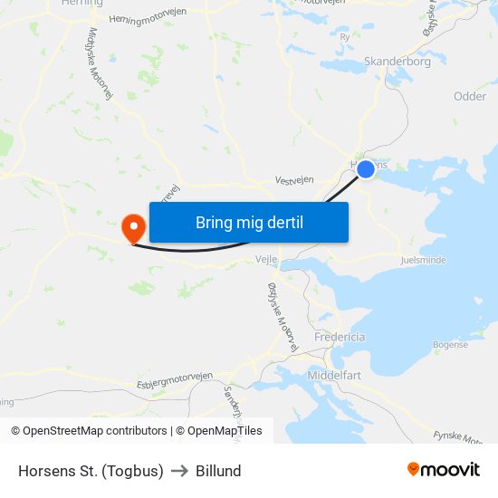 Horsens St. (Togbus) to Billund map