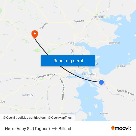 Nørre Aaby St. (Togbus) to Billund map