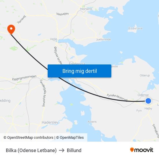 Bilka (Odense Letbane) to Billund map