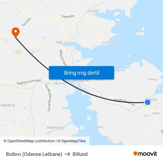 Bolbro (Odense Letbane) to Billund map