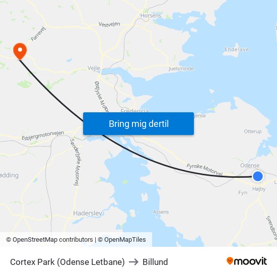 Cortex Park (Odense Letbane) to Billund map