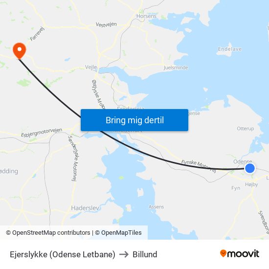 Ejerslykke (Odense Letbane) to Billund map