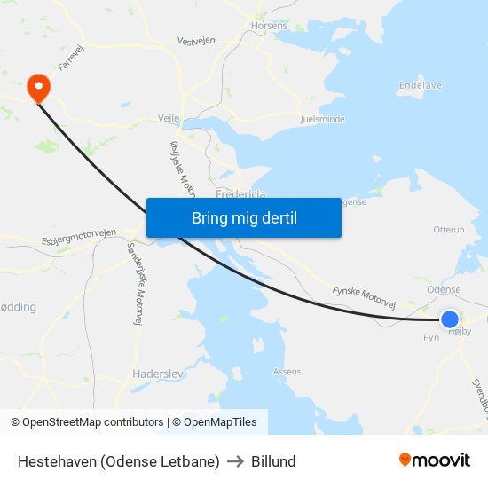 Hestehaven (Odense Letbane) to Billund map