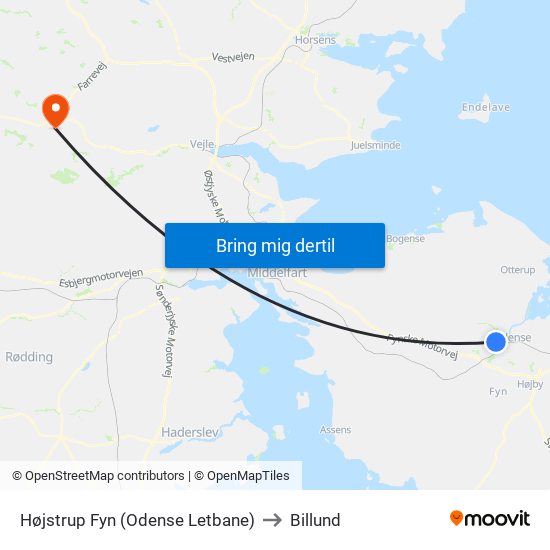 Højstrup Fyn (Odense Letbane) to Billund map