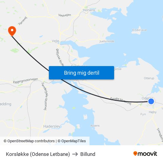 Korsløkke (Odense Letbane) to Billund map