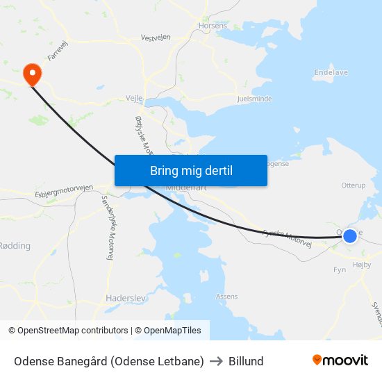 Odense Banegård (Odense Letbane) to Billund map