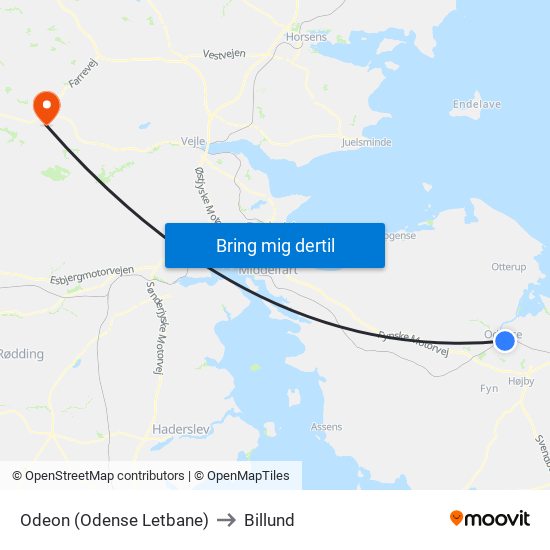 Odeon (Odense Letbane) to Billund map