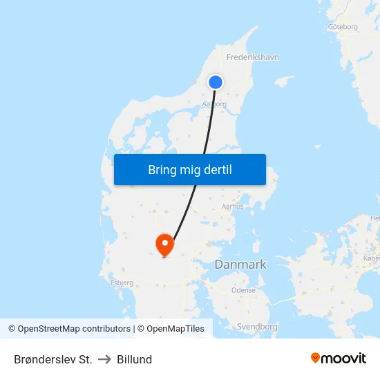 Brønderslev St. to Billund map