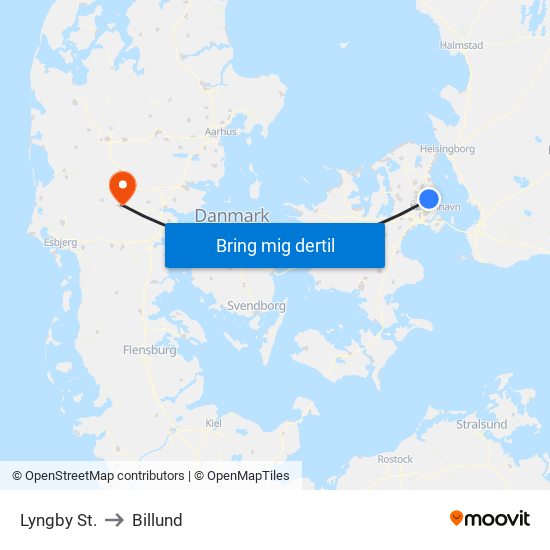 Lyngby St. to Billund map
