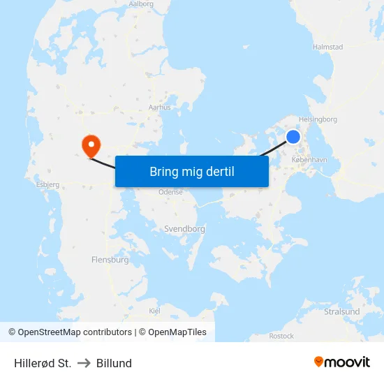 Hillerød St. to Billund map