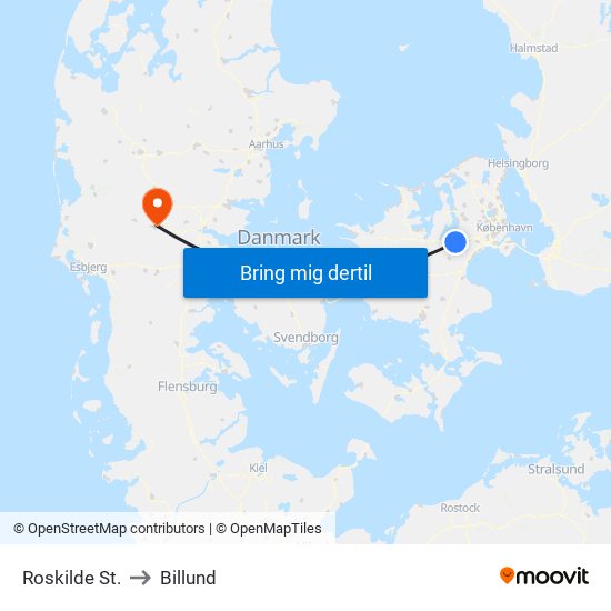 Roskilde St. to Billund map