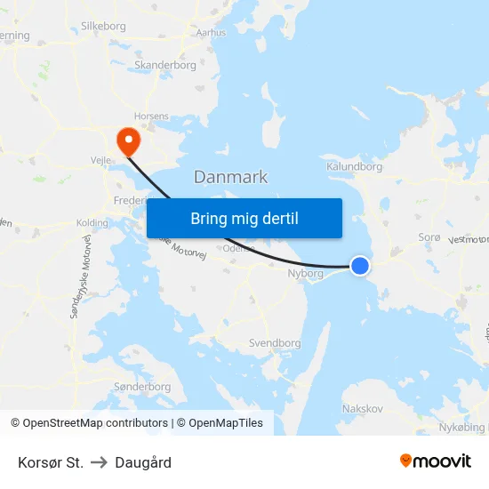 Korsør St. to Daugård map