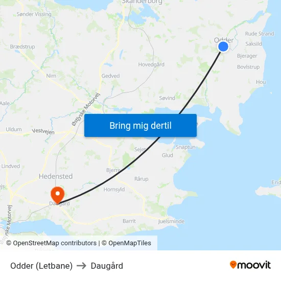 Odder (Letbane) to Daugård map
