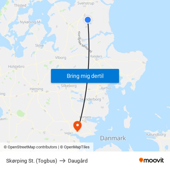 Skørping St. (Togbus) to Daugård map