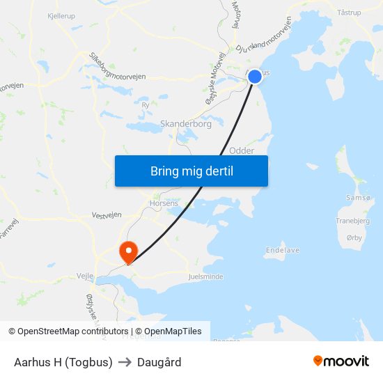 Aarhus H (Togbus) to Daugård map