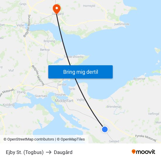 Ejby St. (Togbus) to Daugård map
